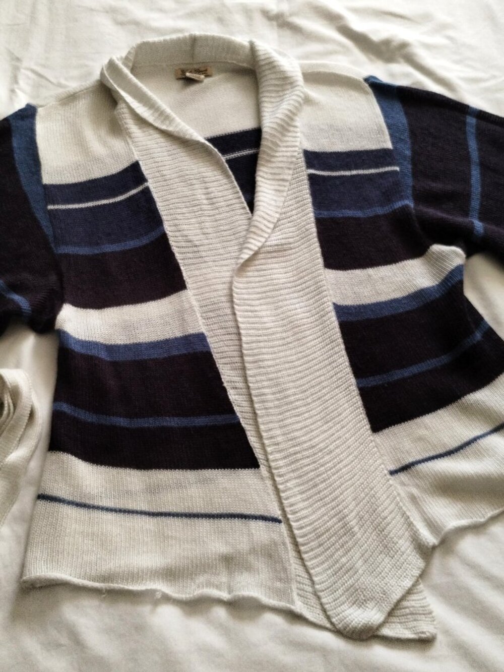 LUCKY BRAND Blue & White STRIPE 1/2 Sleeve BELTED CARDIGAN Sweater Sz SMALL